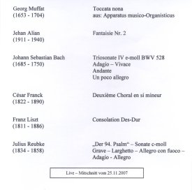 Toccata nona, Fantasie Nr. 2, Trisonata IV e-moll BWV 528, Deuxième Choral en si mineur, Consolation Des-Dur, Der 94.Psalm
